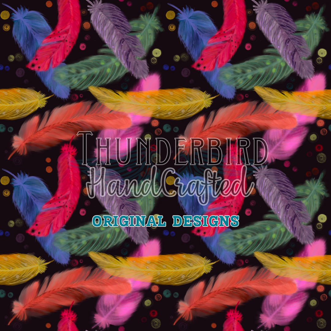 Rainbow Feathers on Black - Thunderbird Fabrics Original