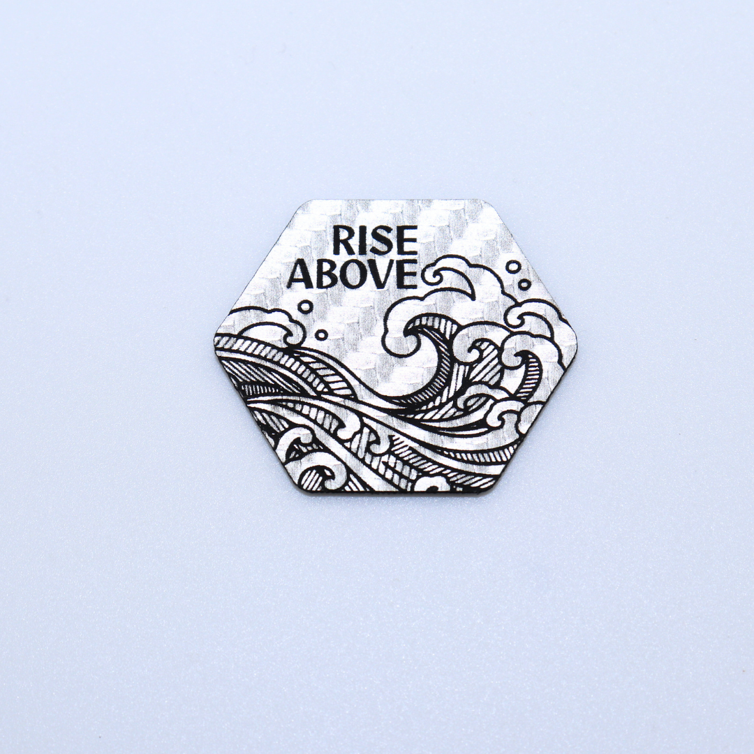 "Rise Above" Silver Metallic Hexi Cork Tag