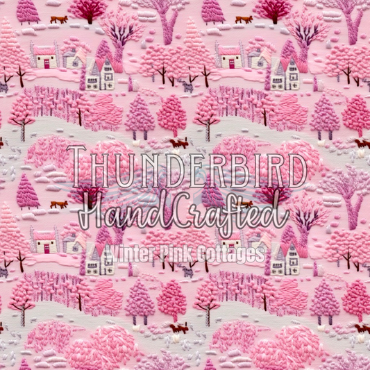 Winter Pink Cottages - Embroidered Print