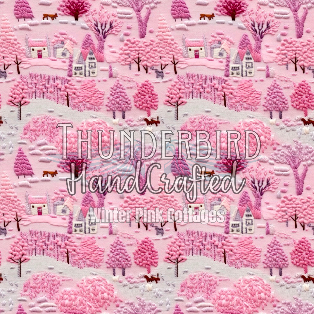 Winter Pink Cottages - Embroidered Print