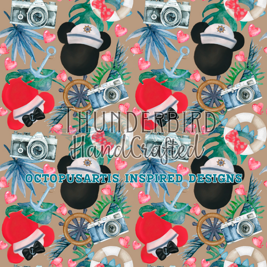 Tropical Mouse Cruise on Khaki - OctiArtist Watercolors Thunderbird Fabrics