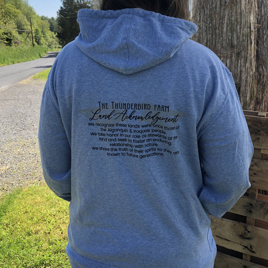 Land Acknowledgement Hoodie- Female Cut (Heathered Blue)